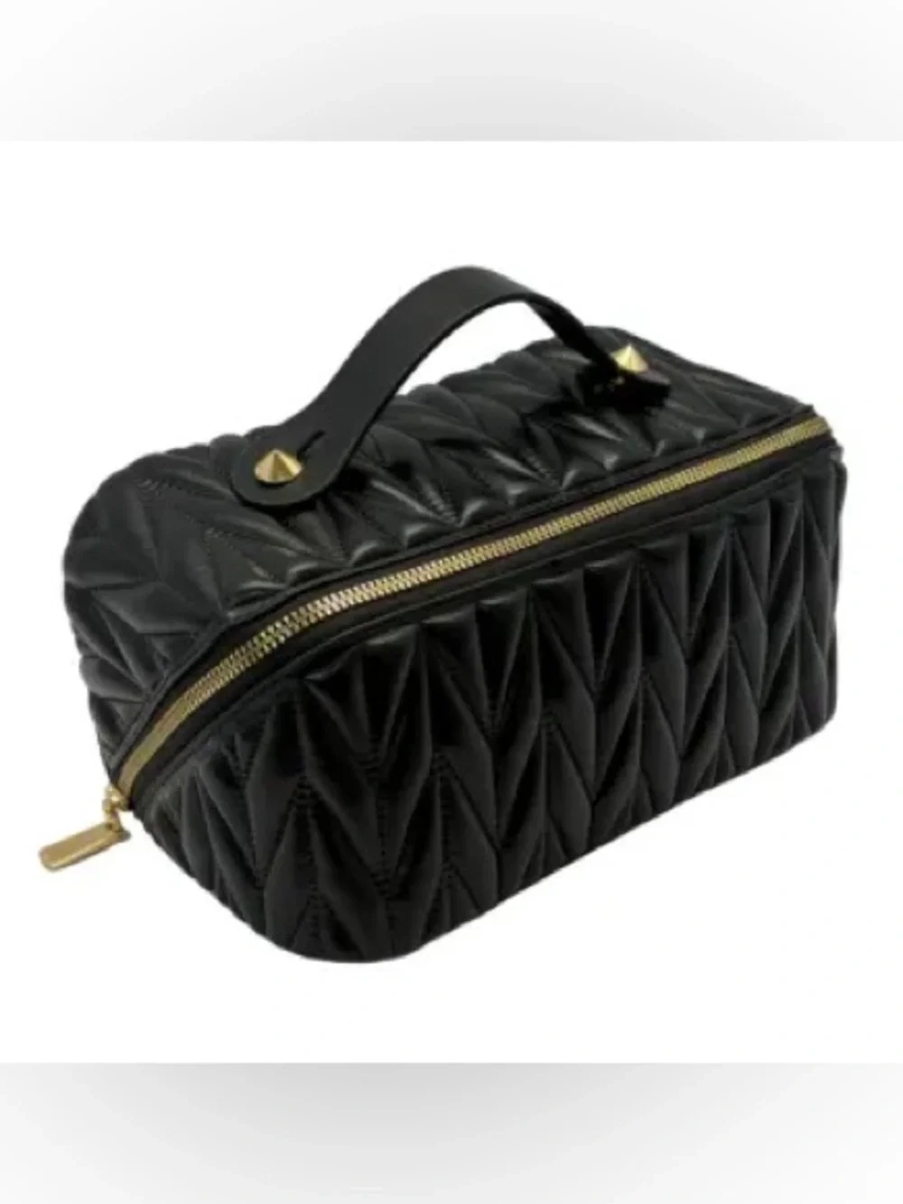 Large Black Quilted Top-Handle Makeup Case with Gold Zip-NWOT